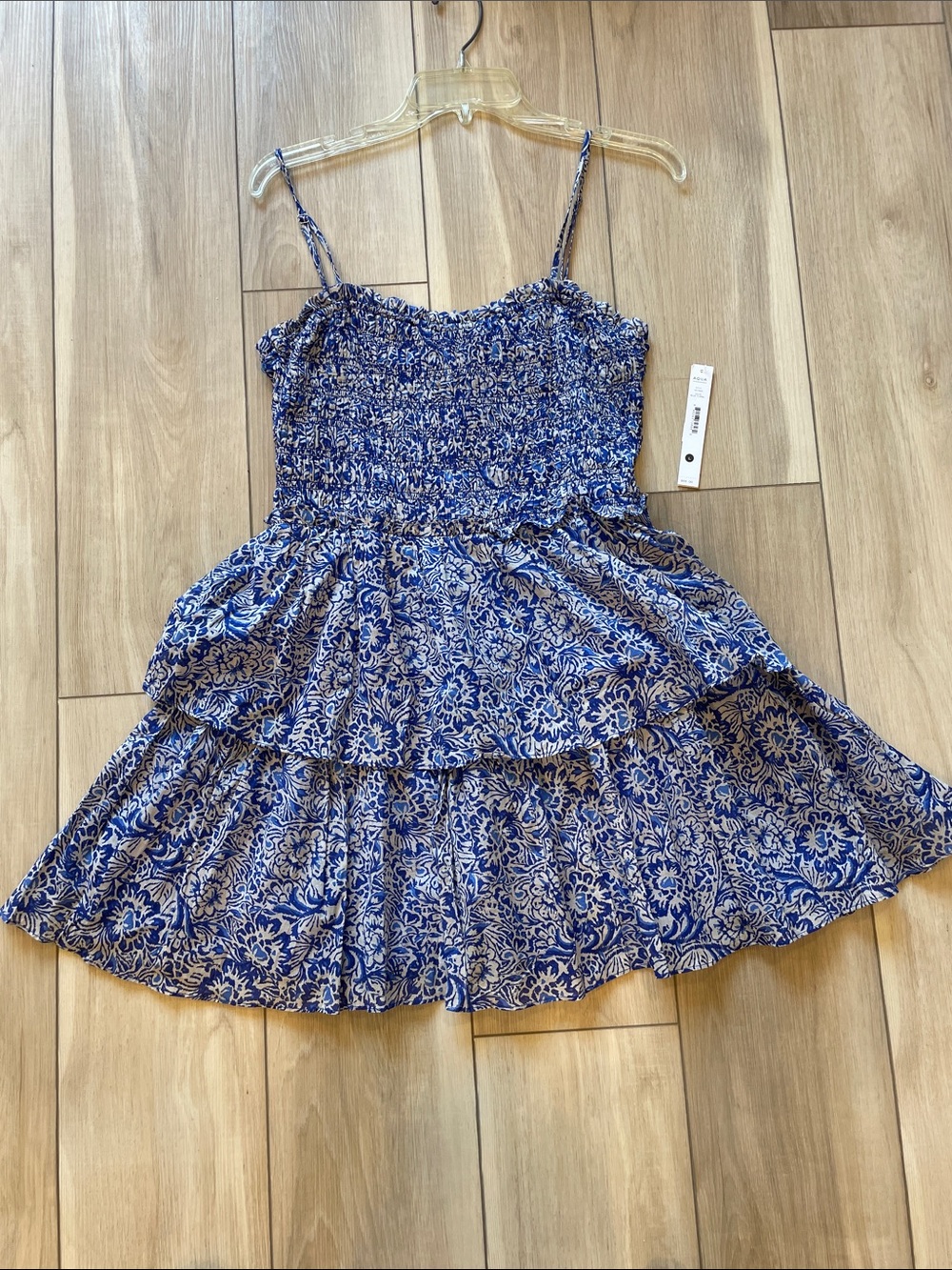 New Aqua Blue Floral Tiered Smocked Womens Dress